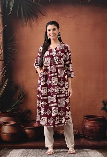 Image of Ichaa Women's Pure Cotton A-Line Ethnic V-Neck Kurta with 3 /4th Sleeve for Daily and Office Wear, in Plus Sizes