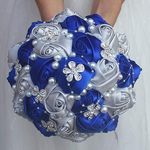 Miniatura 1 de Ramo de rosas de satén fucsia azul real Ramo de flores de diamantes Ramo de novia de boda Bola de espuma Flor artificial Decoración casada W224-5 -
