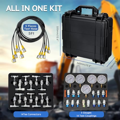 Image of Hydraulic Pressure Test Kit, 10 /100 /250 /400 /600bar, 150 /1500 /4000 /6000 /9000PSI, 5 Gauges 14 Test Couplings 14 Tee Connectors 5 Test Hoses, Hydraulic Gauge Kit with Sturdy Carrying Case for Excavator