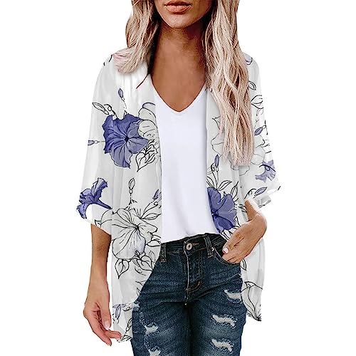 oelaio 3/4 Sleeve Cardigan Lightweight 2023,Women's Beach Kimono Coverup Sheer Chiffon Cover ups,Casual Loose Open Front White