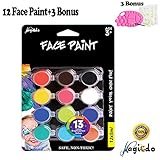 Magicdo Face Paint, Water Based Face Painting Kit with Brush, Palette and 3 Stencils, Washable Non-toxic Moisturizing Body Paint for Halloween Costume Cosplay Parties (12 Colors x 0.17 Fl oz)