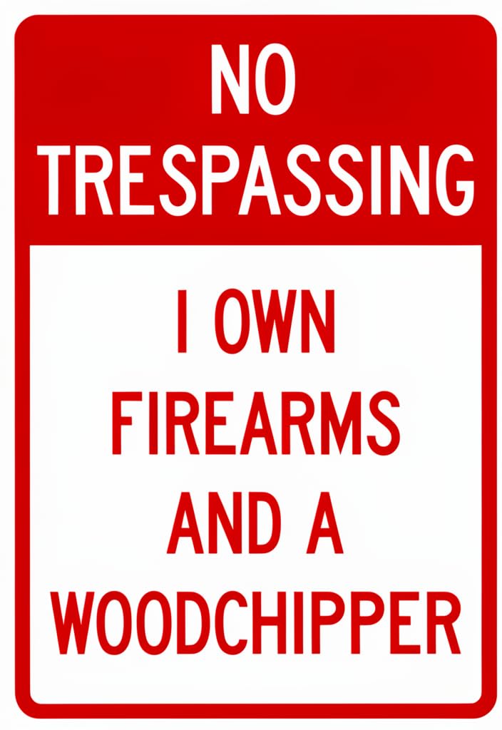 peiyeety No Trespassing Tin Sign 12x8 Inch, I Own Firearms and a Woodchipper Metal Warning Sign, Red and White Funny Security Notice Plaque for Home, Farm, Ranch, Gate, Fence, Wall Decor Gift