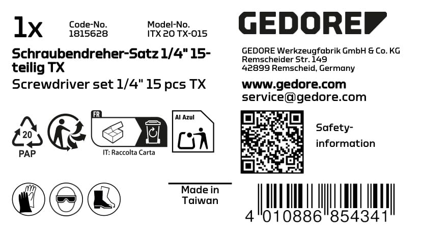 Product label for GEDORE ITX 20 TX-015 Screwdriver Set