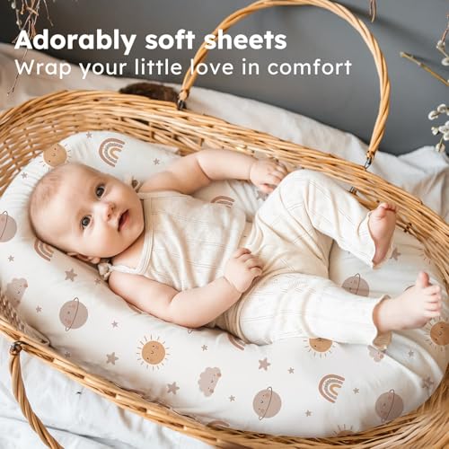 Image of Baby Bassinet Sheets, 3 Pack Fitted Bassinet Mattress Sheets, Compatible with Halo Bassinest Swivel Sleeper & Oval Hourglass Rectangle Mattress, Ultra Soft Orange Sun Rainbow