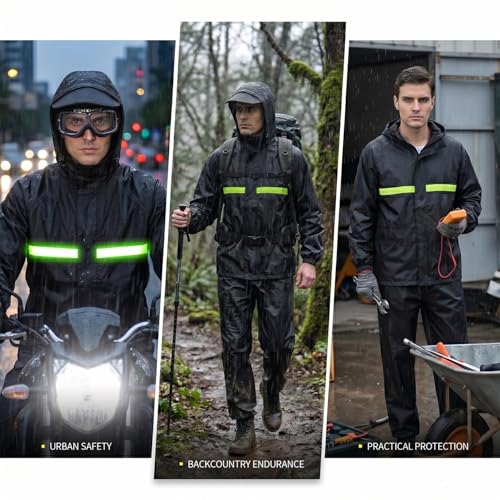 Image of HACER 100% Waterproof Raincoat for Men & Women | Unisex Full Sleeves Rain Suit Set with Pant for Bike Riding, Travel, Camping, Trekking & Hiking Rainwear (XL, Black)