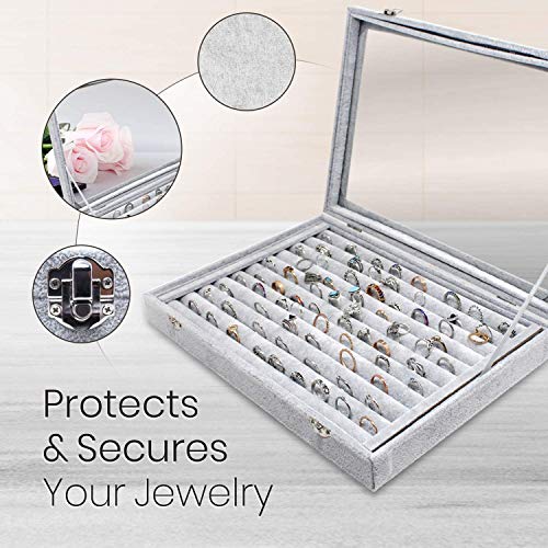 Image of BucketList Women's Velvet Glass Ring Earrings Jewelry Box - Display Storage Showcase Holder Organizer (100 Slot Ring Jewellery Box-Grey)