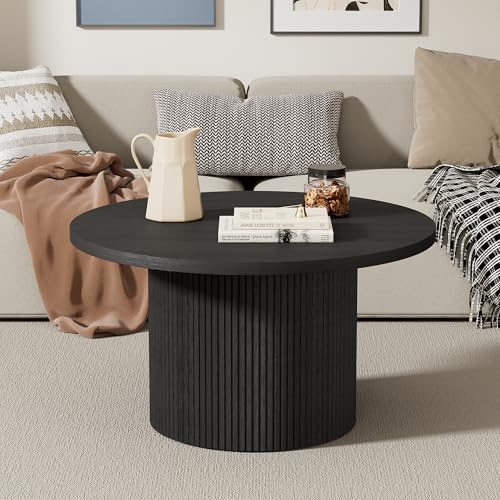 Image of Furniway Round Coffee Table, 35.4 inch Circle Wide Coffee Table, Wood Table and Center Table for Living Room, Black