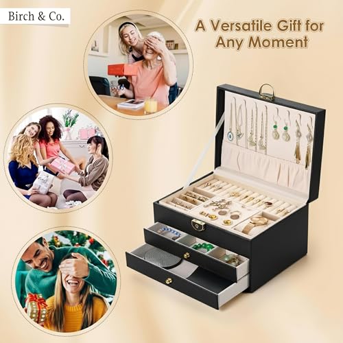 Image of Birch & Co. Jewellery Box - 3 Layer jwell organizer storage box, Portable Travel-Friendly Storage. Elegant Storage Case for Rings, Earrings, Necklaces & Bracelets, Black