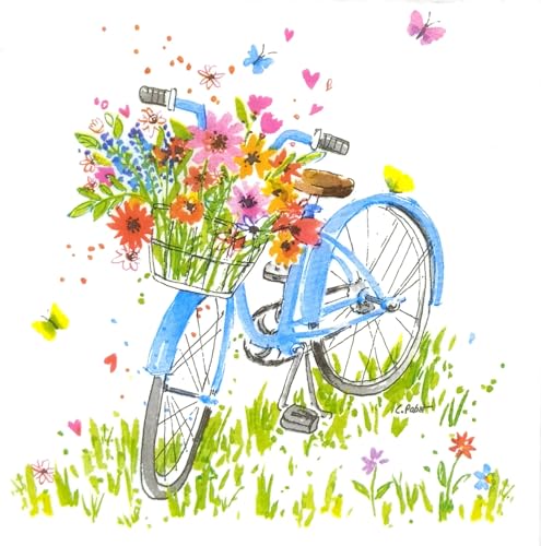Set of 2 Individual Decoupage Paper Party Napkin Bicycle Bike Flowers Watercolor Decor Luncheon Napkins for a Birthday Holiday, Wedding, Cocktail Party