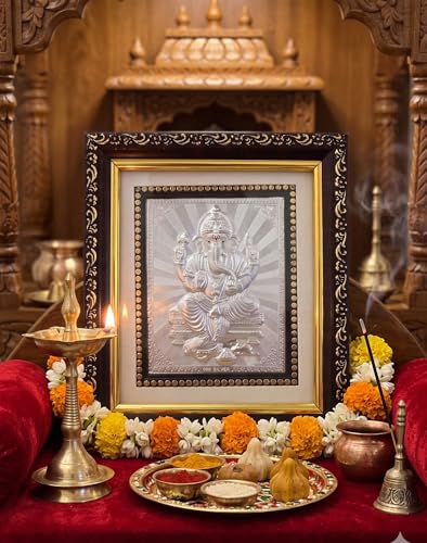 Image of Silver Coating Ganesh Frame | Divine Home Decor | Wall Mount Square Photo Frame for Gift, Wooden PhotoFrame for Temple | tabletopframe (5 inch x 5.50 inch Inch)