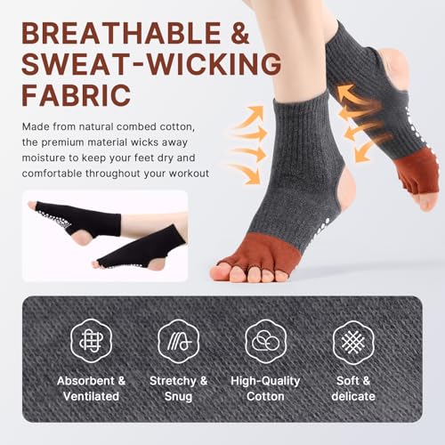 Image of Non Slip Pilates Grip Socks for Women Yoga Barre Knitted Cotton | Full Foot Sticky Silicone,Soft Breathable Comfortable,Durable Washable Anti Skid,Gentle Arch Compression Support
