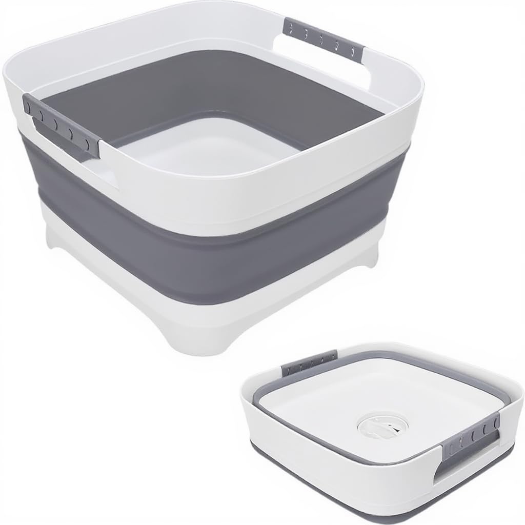 2.4 Gal(9L) Collapsible Wash Basin with Drain Plug,Dishpan for Soaking Baby Bottles,Portable Sink Tub,Ice Beverage Tubs for Camping, Vegetable Washing, RV(Gray)