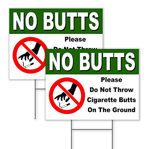 No Cigarette Butts Signs - Don't Throw Cigarette Butts on the Ground Signs - Plastic Signs 12x9 inch with H-Stakes - No Butts Signs - Do Not Litter Signs - Please Do Not Throw Cigarette Butts Signs
