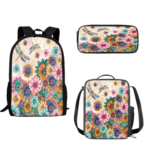 Sac à dos fille fleur rose avec boîte déjeuner isotherme et trousse à crayons robuste