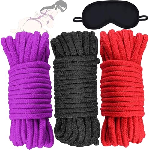 BDSM Bondage Rope with Blindfold Sex Toys 3 Pack Sex Rope Bondage Restraints Adult Toys for Couple Beginner SM Game Play BDSM Toys Reusable Sex Straps 3 * 32ft Black Purple & Red Soft Cotton Rope