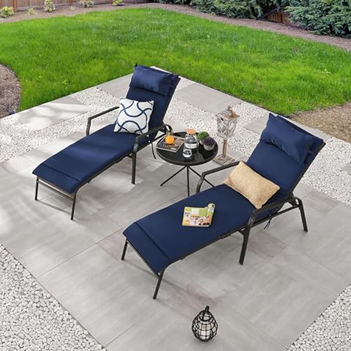 Image of LOKATSE HOME 3 Pieces Outdoor Patio Chaise Lounges Chairs Set Adjustable with Folding Table, Dark Blue Cushions