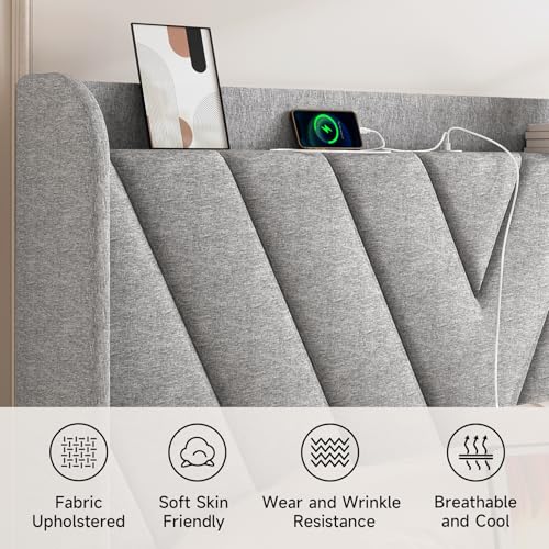 Image of koorlian Full Size Bed Frame, Full Bed with Headboard, Adjustable Upholstered Bed Frame with Type-C&USB Port, Wingback Storage Headboard, Noiseless, No Box Spring Needed, Light Gray