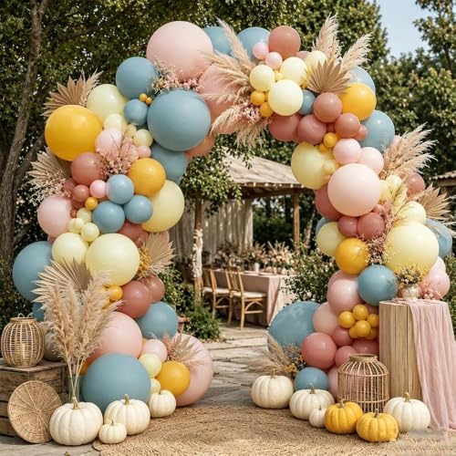 Image of Pink Blue Yellow Balloon Garland Double Stuffed Dusty Blue Pink Balloons