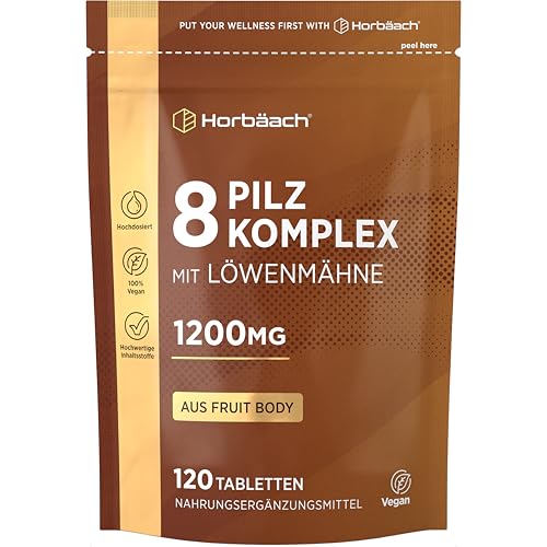 Pilz Komplex 1200mg mit 8 Pilzsorten - Lions Mane Cordyceps Chaga Shiitake Reishi Maitake Shaggy Mane & Oyster | 120 Pulver Tabletten | Vegane | von Horbaach