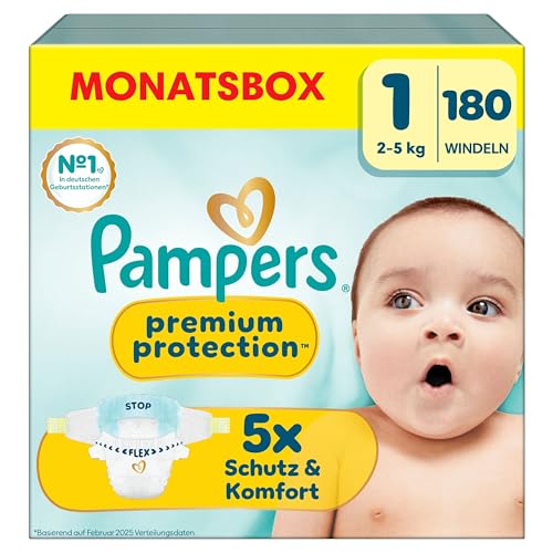 Pampers Premium Protection Größe 1, 180 Windeln, 2kg-5kg, Doppelter...