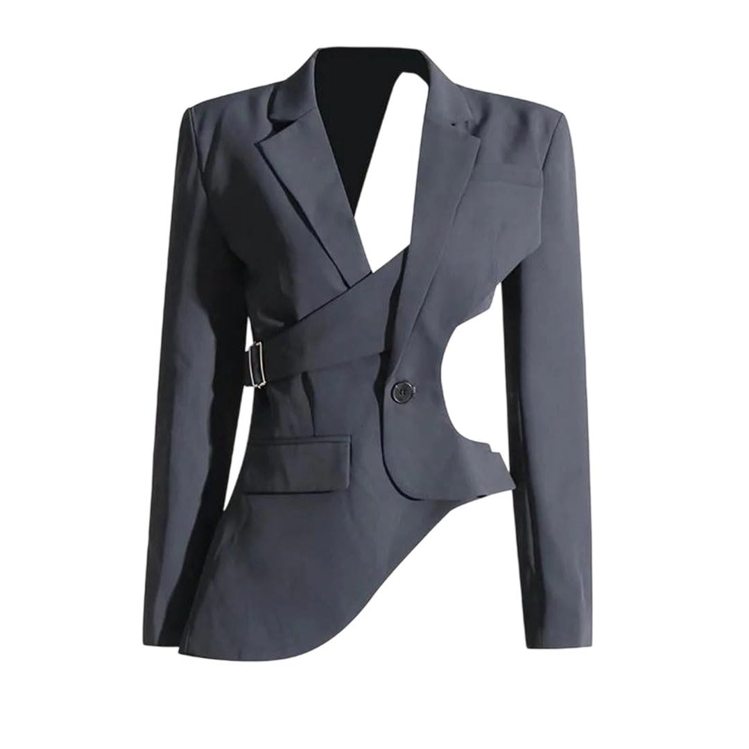 Womens High Street Style Lapel Long Sleeve Asymmetrical Hem Waist Hollow Air Quality Suit Jacket