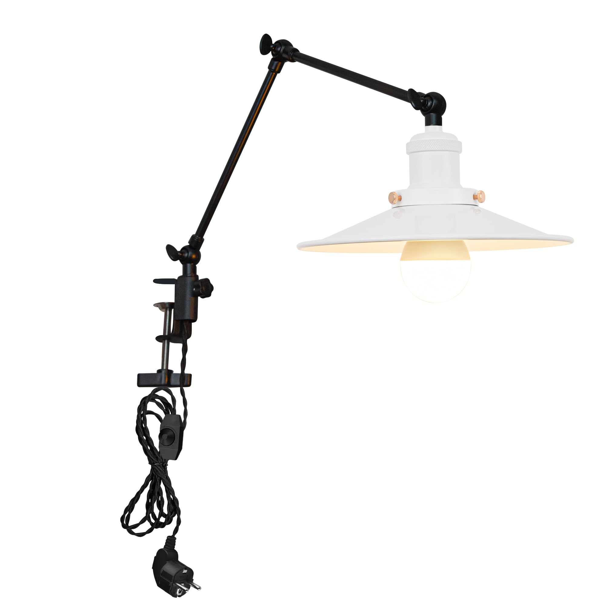 Lampada a morsetto industriale con 2,5 cavi interruttori, clip regolabile su lampada da lettura, lampada da comodino dimmerabile con braccio flessibile per scrivania, comodino, scaffale,