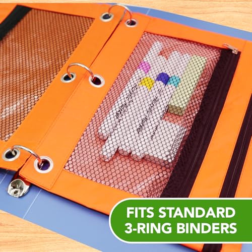 Image of Pencil Pouch for 3 Ring Binder, Heavy Duty Canvas Dual Zipper Pen Bag with Clear Window, Smooth Metal Zipper, Fit Standard 3-Ring Binders for School Office Travel Supplies (Orange)
