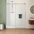 Sunrosa Frameless Shower Door, 44-48" W x 76" H Sliding Shower Door with Handle, Glass Shower Door with 5/16" (8 mm) Clear SGCC Tempered Glass, Brushed Gold