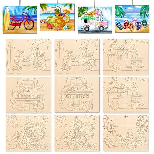 COCHIE 10 Pieces Large Summer Unfinished Wood Crafts to Paint for Adults Bulk Predrilled Wooden Ornaments for Painting Beach Pattern Paintable Wood Slices Craft Supplies with Ropes