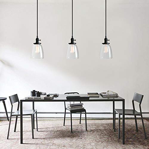 Permo Vintage Rustic Industrial 3-Lights Kitchen Island Chandelier Triple 3 Heads Pendant Hanging Ceiling Lighting Fixture With Oval Cone Clear Glass Shade (Black) #TOP7