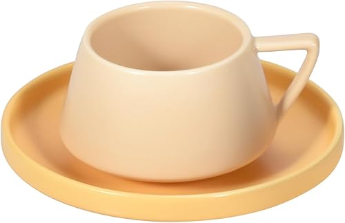 Koythin Taza de café de cerámica con platillo, lindo y creativo plato con mango en forma de V para oficina y hogar, apto para lavavajillas y