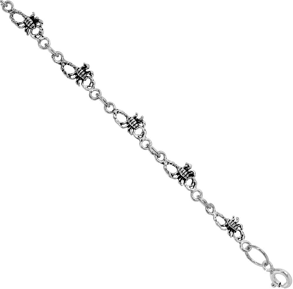 Dainty Sterling Silver Scorpion Bracelet for Women 1/4 wide 7.5 inch long