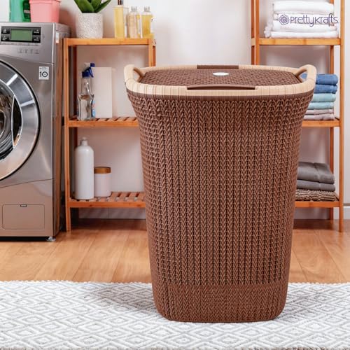 Image of PrettyKrafts Rattan Style 60L Plastic Knit Laundry Basket - Dark Beige, Durable Toy Storage Basket Clothes Storage Organizer for Home & Bathroom, (61x45x35cm)