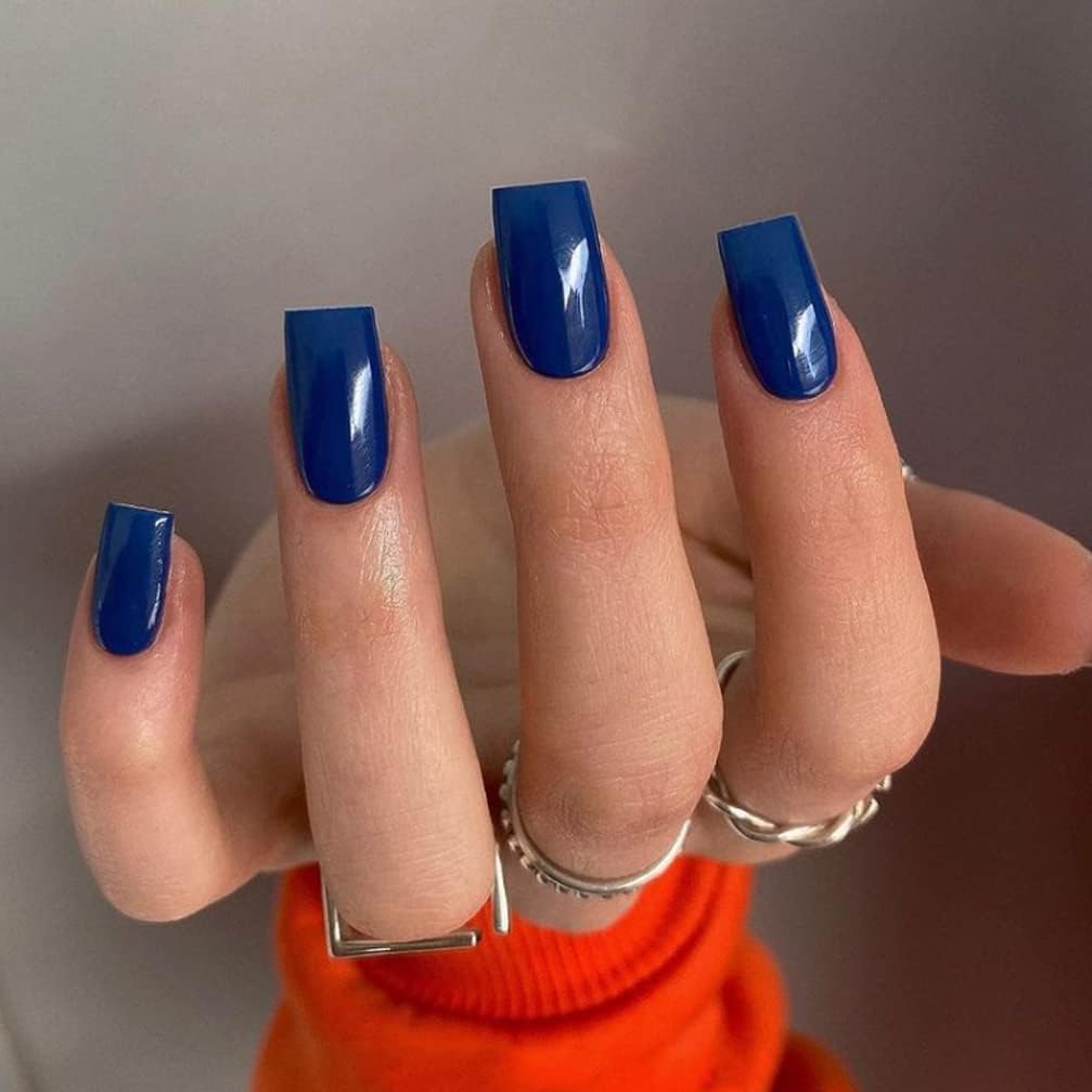KQueenest Acrylic Press on Nails Short Medium Square, Royal Blue False Nails Short Coffin