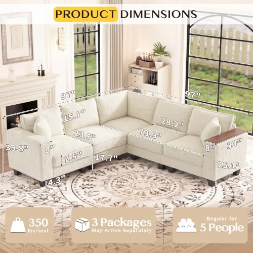 Image of 97 inch L Shaped Couch, 5 Seat Corner Couch with Storage Armrest & 2 Pillows, Convertible V Shaped Sectional Couch, Chenille L Shaped Sectional Couch, Beige Sectional Couches for Living Room