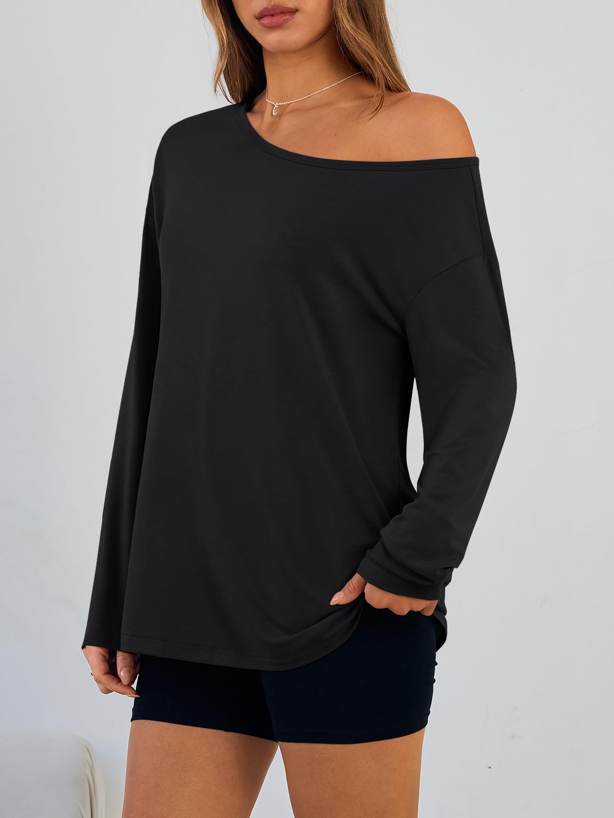 Trendy Queen Womens Off The Shoulder Tops Oversized Tshirts Long Sleeve 2025 Casual Basic Tees