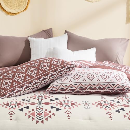 Geniospin Queen Comforter Set - 7 Pieces Reversible Bedding Set, Boho Bed in A Bag, Lightweight Soft Aztec Bedding, All Season Bed Comforter Set with Sheets, Pillowcases & Shams