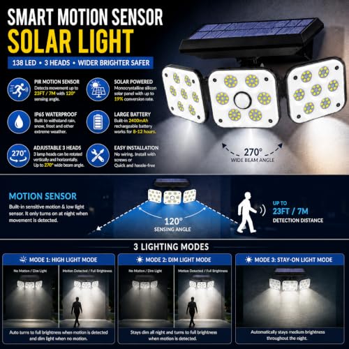 Image of WIDEWINGS 138 LED Solar Lights Outdoor, Motion Sensor Solar Light with 3 Adjustable Heads, 270 Wide Angle, IP65 Waterproof, Solar Wall Light for Garden, Yard, Garage & Porch