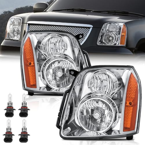 KUIPERAUTO Pair Headlights Assembly Front Lamp Compatible with 2007-2014 GMC Yukon Denali XL 1500 2500 Headlight Replacement w/bulbs Chrome Housing/Clear Lens/Amber Reflector