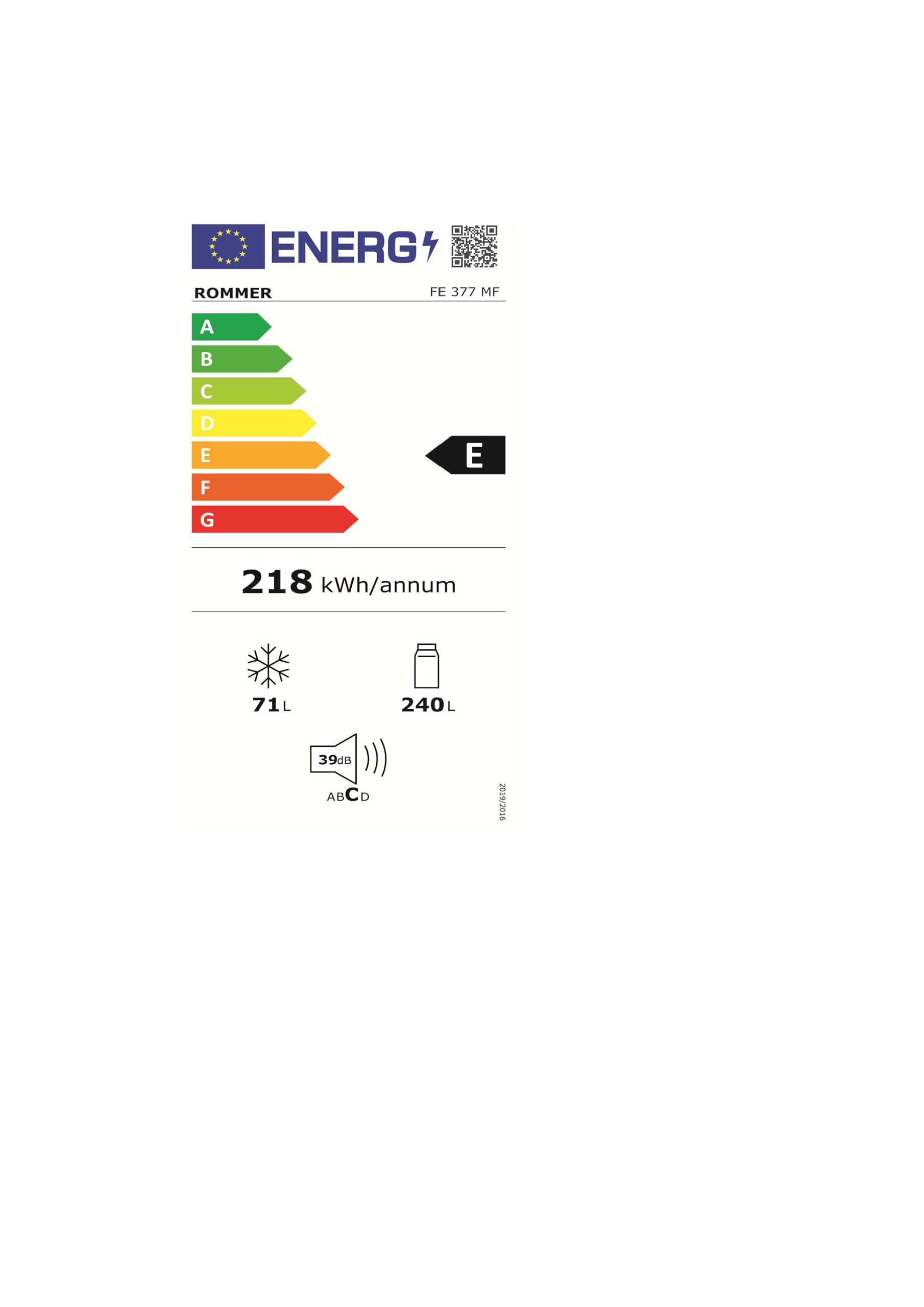 ROMMER Figorifico FE 377 MF, Capacidad 311 litros, color Blanco, NO Frost