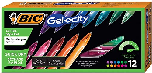BIC Gel-ocity Quick Dry Retractable Gel Pen, Medium Point (0.7mm), Assorted Colors, 12-Count (24 Count)
