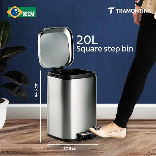 Image of TRAMONTINA 20 Litre Stainless Steel Step Dustbin | Fingerprint-Resistant Finish | Soft-Close Lid | Removable Inner Bucket | Square Trash Can for Home, Office & Hospitality