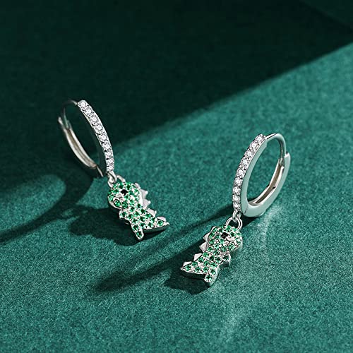 Cute Dinosaur Dangle Hoop Earrings S925 Sterling Silver Green Cubic Zirconia Crystal Lovely Animal Dangling Charm Drop Huggie Hoops Studs Earring Dainty Jewelry for Women3