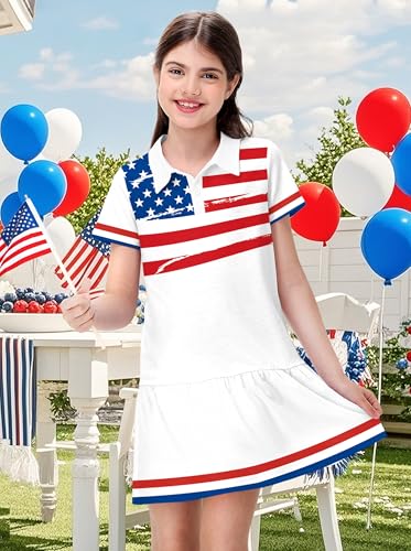 Remimi Girls American Flag Short Sleeve Dress 4th of July Patriotic Dresses 5-14 Years2