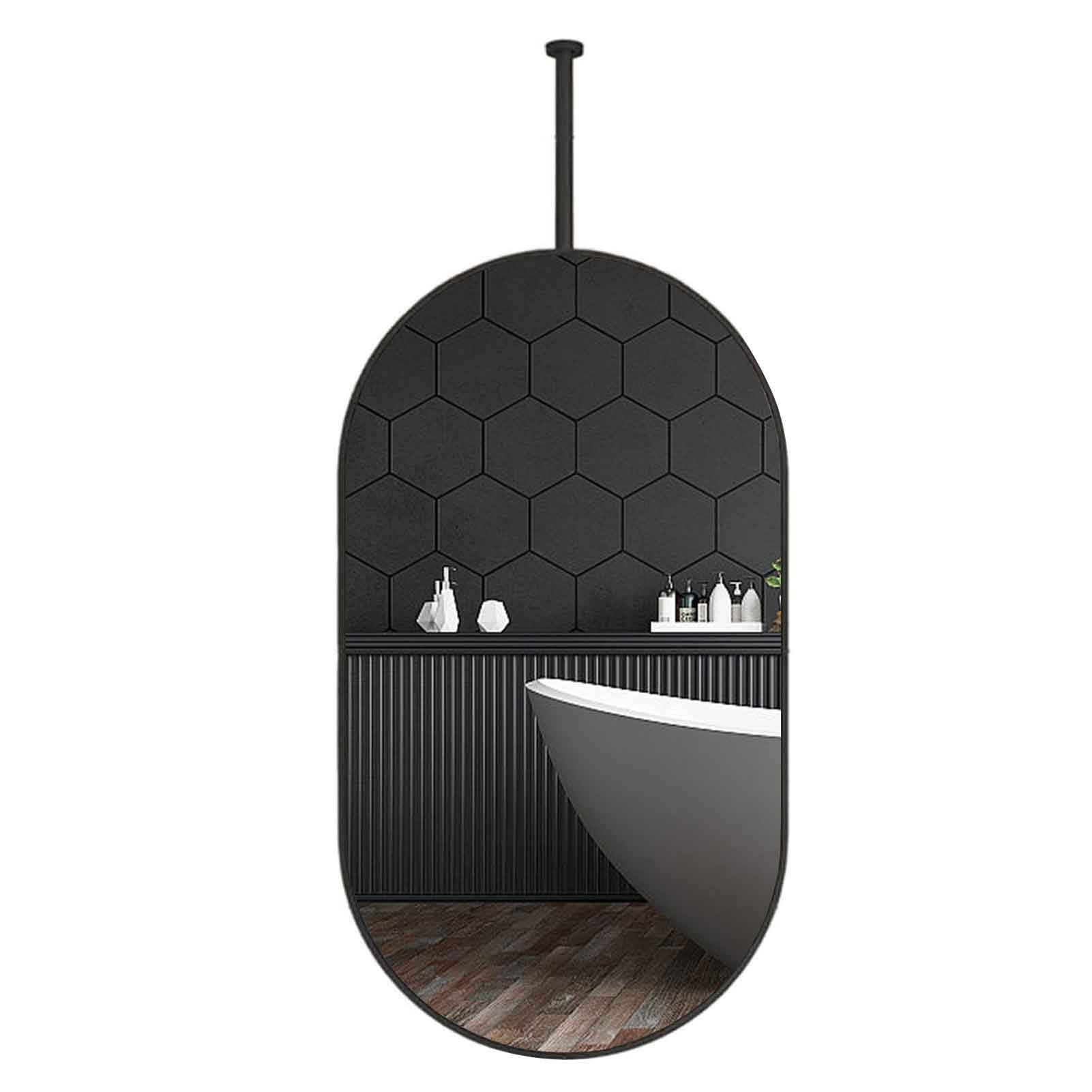 MESOVFCA Black Metal Pole Ceiling Suspended Mirror, Ceiling Hanging Oval Mirrors, Hanging Living Room Entry Decor Mirror(40cmx70cm)