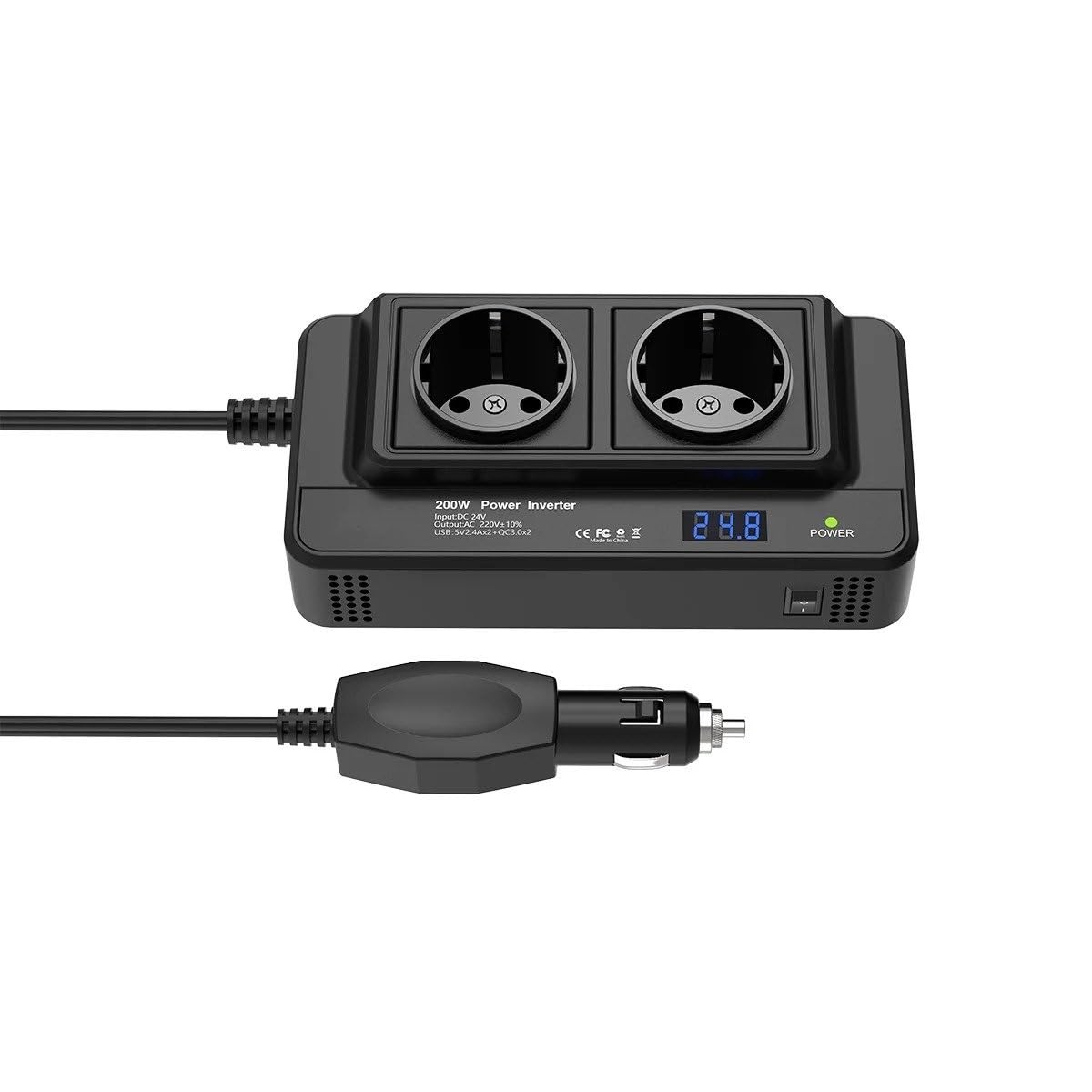 Onduleur 24 V vers 220 V Double Prise Secteur UE Ports USB Et QC 3.0 Charge Rapide Prise Allume-Cigare 200 W Convertisseur Tension Convertisseur