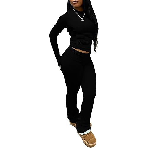 Women's 2 Piece Lounge Sets Crop High Wasit Foldover Flare Leggings Pants Casual Workout Outfits Tracksuit