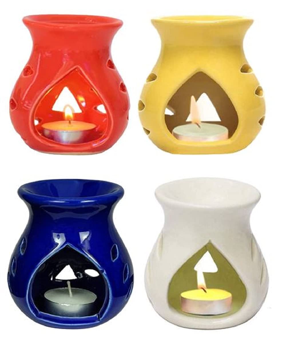 Mkd2 Rise Ceramic Oil Burner Aroma Diffuser Lamp -Set of 4, (Red, Blue, White & Yellow) Multicolour for Home Fragrance