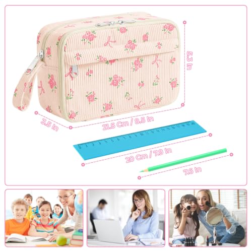 Image of WOBAGMEN Cute Pencil Case,Large Corduroy Zippered Pencil Case Pouch, aesthetic Pencil Bag with Compartments(Pink Bow Floral)