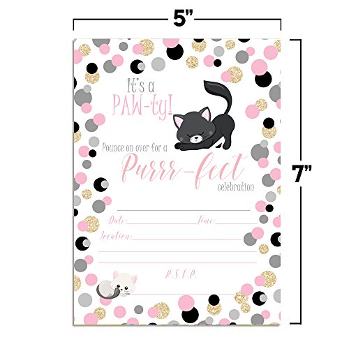 Pink And Gold Polka Dot Glitter Kitty Cat Birthday Party Invitations, 20 5"X7" Fill In Cards With Twenty White Envelopes By Amandacreation #TOP7